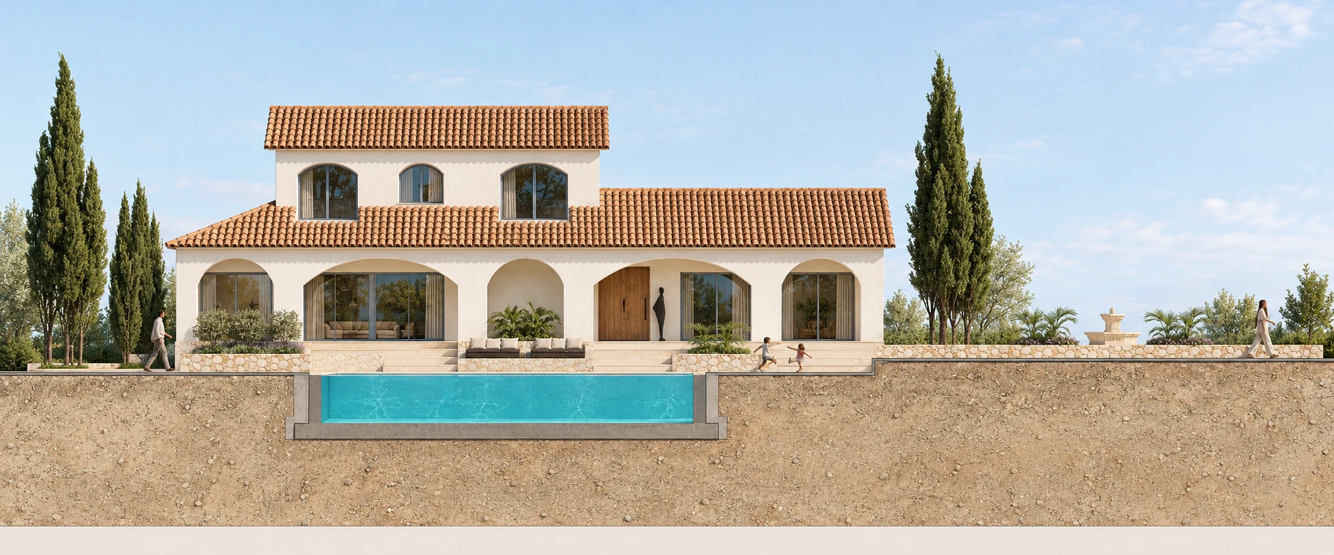 Interpretación con IA del alzado de una vivienda mediterránea